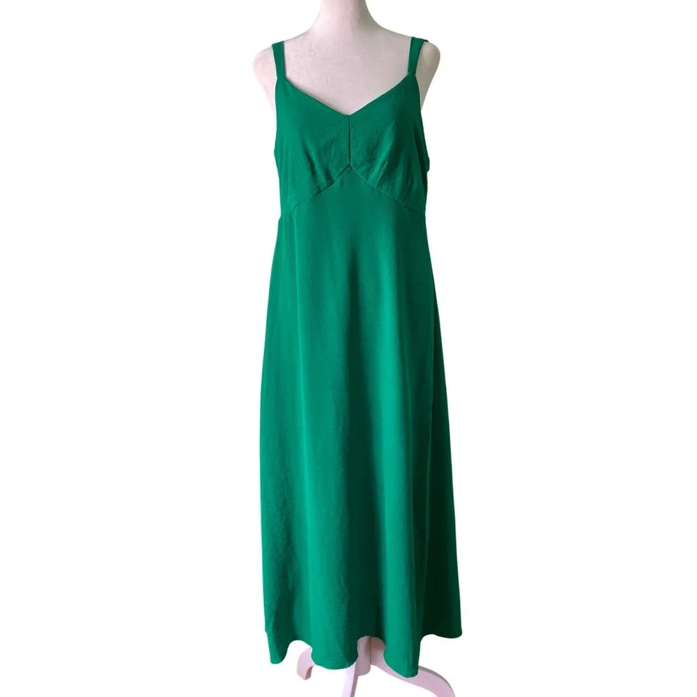 Tahari ASL Green Midi Dress Babydoll Gauzy Smocked Sleeveless Slip Beachy Size 8
